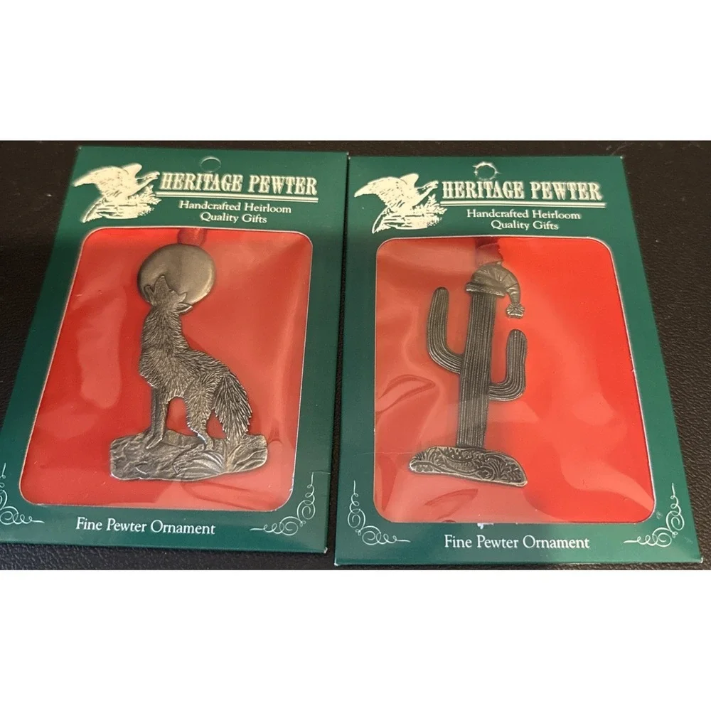 Heritage Pewter Christmas‎ Holiday Ornaments Coyote Howling Cactus Set Of 2 USA